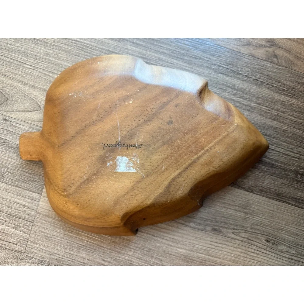 Vintage Monkey Pod Wood Leaf Serving Tray 3 Compartment Hand Carved Dish 11in